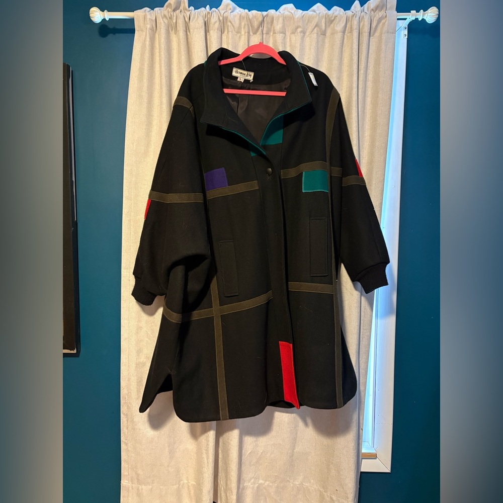 Vintage Herman Kay Color Block Black Full Length Wool Coat